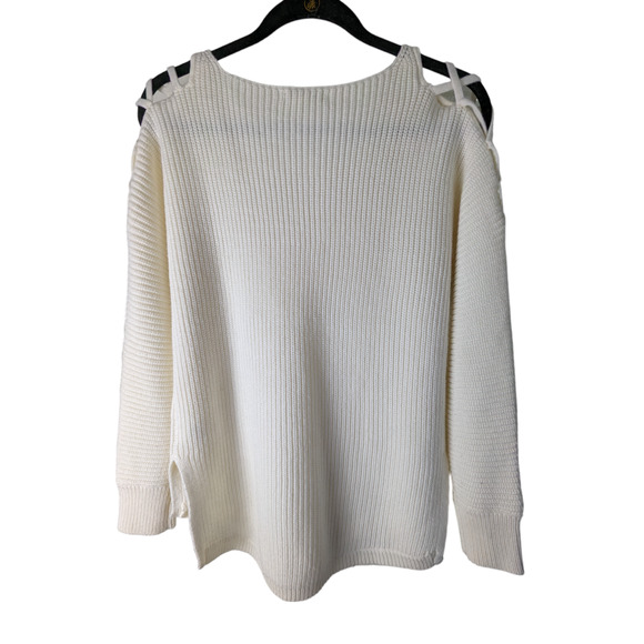 Bar III Women's White Knit Sweater, Size S, Acrylic Wool Blend, Cold Shoulder - Picture 2 of 11